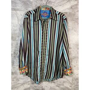 Robert Graham Mens XL Striped Multi Floral Silk Trim Flip Cuff Embroidered Shirt
